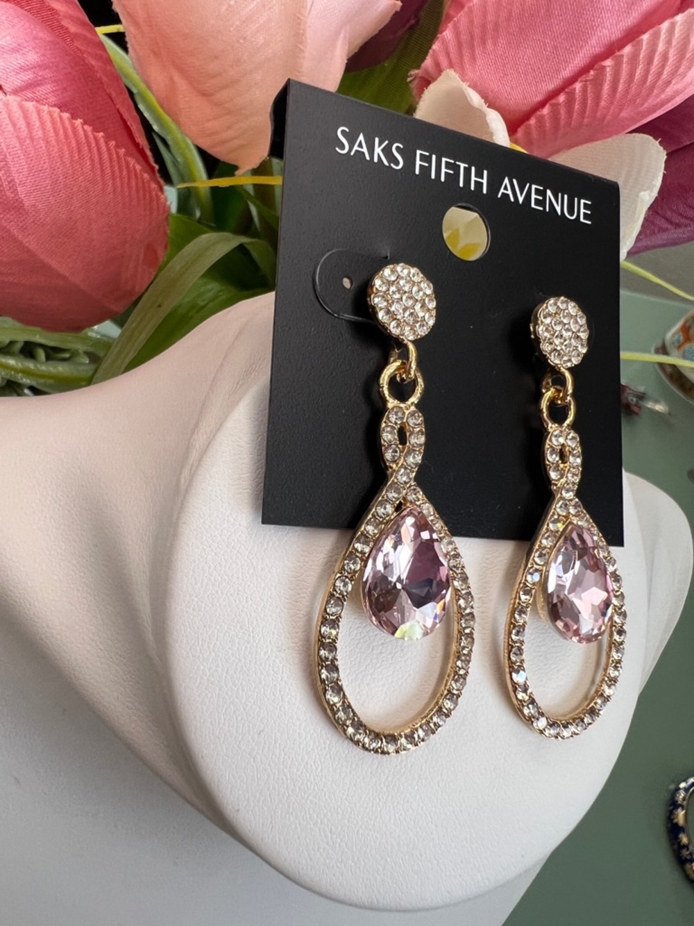 Saks Fifth Avenue Dangling Oval Pink Stone Earrings - Picture 2 of 7